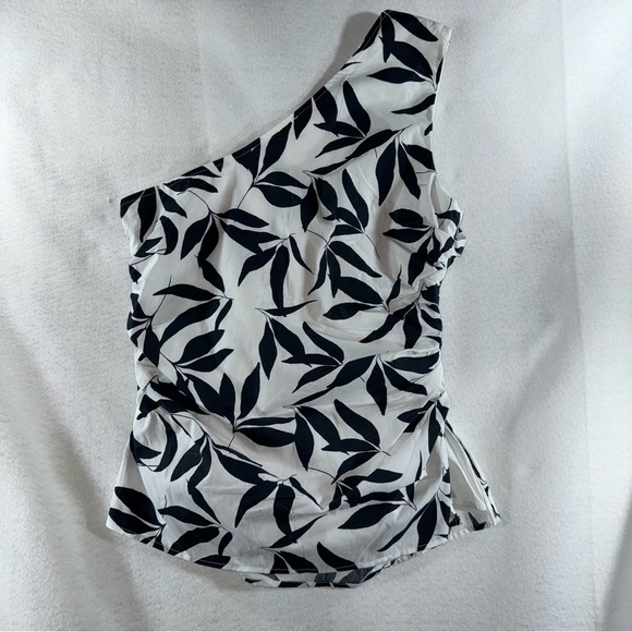 One-Shoulder Black and White Leaf Print Top formal business casual beach summer - Picture 8 of 15